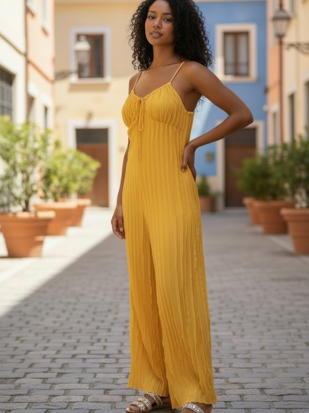 Mustard Yellow Pleated Wide-Leg Jumpsuit